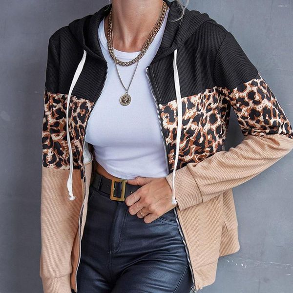 Sweats à capuche pour femmes à capuche léopard patchwork veste à capuche couleur bloc cardigan à fermeture éclair manteau hauts Sudaderas De Mujeres sweat pour les femmes