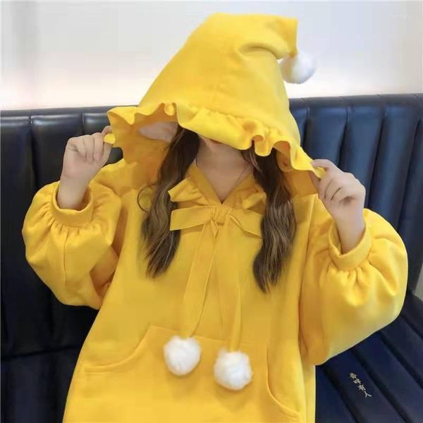 Sudaderas con capucha para mujer, jerséis, Tops para niña, con capucha, rojo, amarillo, puntada sólida, jerséis sueltos, vellón, bola peluda, lindo bolsillo canguro Kawaii