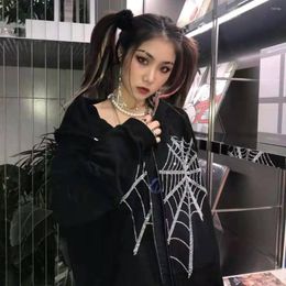 Hoodies voor dames Hoodie Women#39; S Strass Web Hooded Gothic Jacket Black Punk Zip Up -jas Harajuku Grunge Sweatshirt Emo Alt