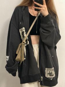 Sweats à capuche femme HOUZHOU Grunge gothique surdimensionné gris sweat à capuche femme E Girl Patchwork noir sweats 90s Style Vintage automne Zip-up Crop