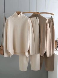 Sweat à capuche pour femmes Ins 2 pièces ensemble femmes tricoté survêtement col roulé pull pantalon droit Pulr 2023 CHIC vêtements d'extérieur