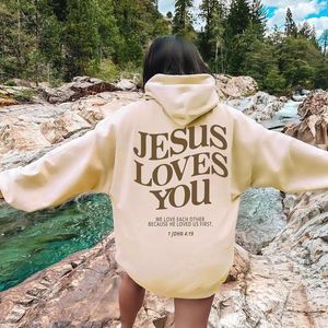 Dames Hoodies Jesus Loves You Print Voor Y2K Kleding Lange mouw Grappig Grafisch Sweatshirt met capuchon 2024 Herfst Winter Trui Tops