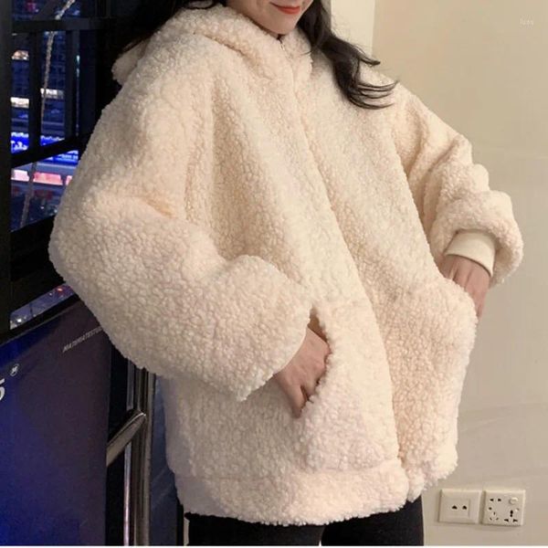 Sweats à capuche pour femmes Kawaii polaire fausse fourrure longue automne hiver femmes vert beige sweat-shirt zippé à capuche oreilles d'ours en peluche doux blanc