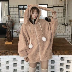 Sweat à capuche femme Kawaii pour femmes automne hiver vêtements coréen mignon à capuche oreilles boule de fourrure lâche fermeture éclair en peluche polaire sweat manteau