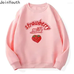 Sweats à capuche pour femmes Kawaii Fraise Lettre Sweat à capuche Femmes Vêtements Mode O-Cou Casual Y2K Tops 2024 Ropa Mujer Coréen Sweat-shirt rose doux