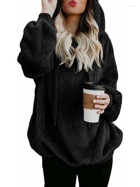 Sudaderas con capucha para mujer KINSWT Mujeres Fuzzy Manga larga Cordón Sherpa Jersey Suéteres Invierno Cálido Túnica Tops Sudaderas Out Ware Ropa