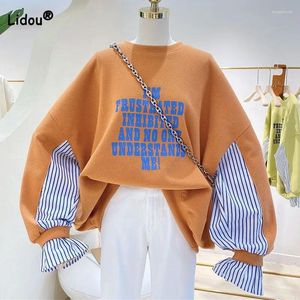 Dames Hoodies Koreaanse Chic Gestreepte Gesplitste Vrouwelijke Sweatshirts Lente Nep Twee Stukken Mode Brief Gedrukt Ronde Hals Tops Kleding