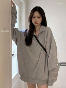 Dames Hoodies Koreaanse Mode Grijze Oversized Sweatshirts Vrouwen Harajuku Zip Up Hoodie Vintage Losse Casual Polo Kraag Trui Tops