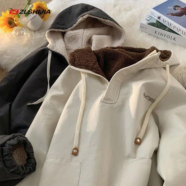 Sweats à capuche pour femmes style coréen doublure en laine d'agneau en cachemire chaud hiver pulls surdimensionnés en vrac Parkas manteau unisexe vêtements universitaires Harajuku