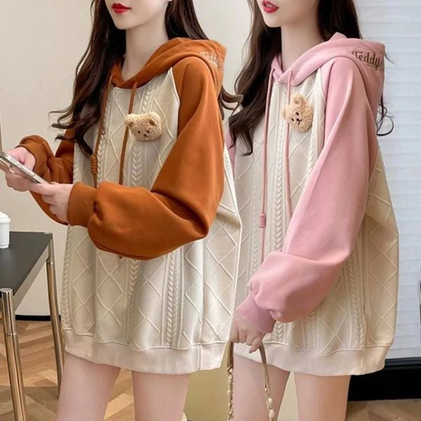 Sudaderas con capucha para mujer, versión coreana de sudadera con capucha de oso de peluche occidentalizada para mujer en otoño de 2023, chaqueta adelgazante de longitud media holgada y superior