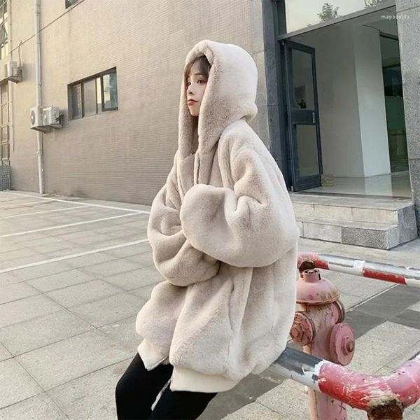 Sweats à capuche pour femmes coréen blanc imitation laine d'agneau vêtements d'extérieur manteau de finition femmes hiver chaud pardessus manteaux décontractés à capuche fausse fourrure en peluche