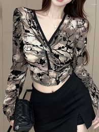 Женские толстовки Korejepo, американский винтажный флокированный топ с принтом, витая футболка с длинными рукавами, короткие обнажённые пупки, тонкие осенние универсальные топы