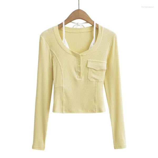 Sudaderas con capucha para mujer Korejepo American Yellow Top Mujeres Principios de otoño Diseño Corto Sweet Girl Cuello colgante Camiseta de manga larga Conjunto de dos piezas