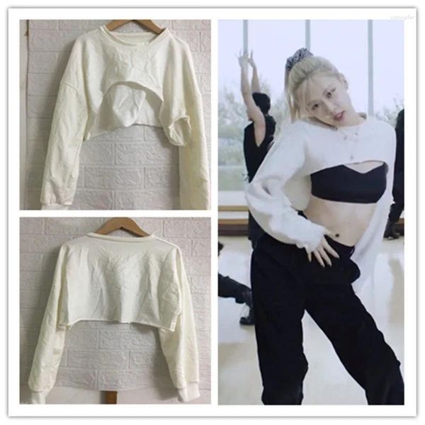 Sudaderas con capucha para mujer, Kpop, cantantes coreanos, ROSE Jazz Dance, Tops cortos blancos de manga larga, ropa de calle para mujer, sudaderas de cuello redondo a la moda