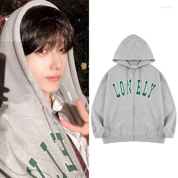 Sudaderas con capucha para mujer Kpop Nct Dream Concierto vocal Misma capucha Solitario Color gris Manga larga Algodón Bp Sudadera Y2K Cárdigan extragrande con cremallera