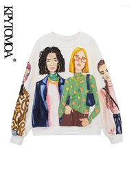 KPYTOMOA Vrouwen Mode Meisje Print Losse Fleece Sweatshirt Vintage O Hals Lange Mouw Vrouwelijke Truien Chic Tops