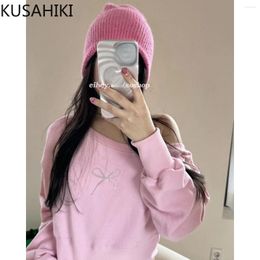 Dames Hoodies KUSAHIKI Strapless Sexy Mode Lange mouw Korte Pullover Sweatshirt Dames Herfst Jumper 2024 Chic Diamanten Strik Tops