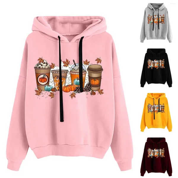 Hoodies femininos senhoras em torno do pescoço manga longa impressão de halloween cor sólida moletom com capuz moda solta topo