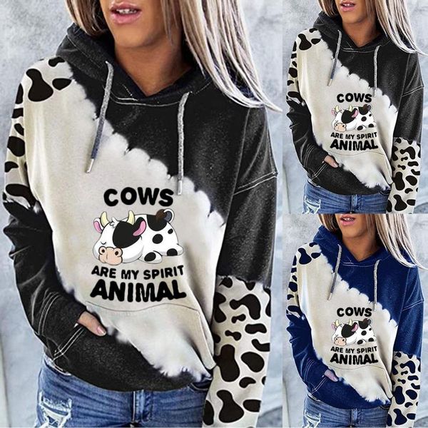 Sudaderas con capucha para mujer Leopard Stitch Cow Animal Letter 90S Girl Boy con capucha Pareja Chic Street Oversize Sudadera Ins Vintage American Style