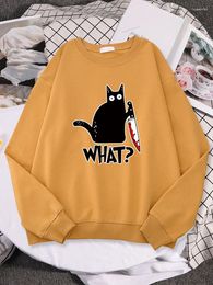 Dameshoodies Kleine zwarte kat en mes Afdrukken Dameskleding Fleece Hip Hop Hoodie Herfst Losse Pullover Crewneck Vrouwelijk sweatshirt