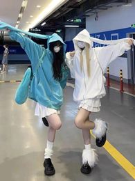 Dames Hoodies Lang Blauw Konijn Oor Capuchon Oversize Dames Streetwear Harajuku Kawaii Y2k Effen Sudadera Mujer Koppels Sweatshirt Fleece