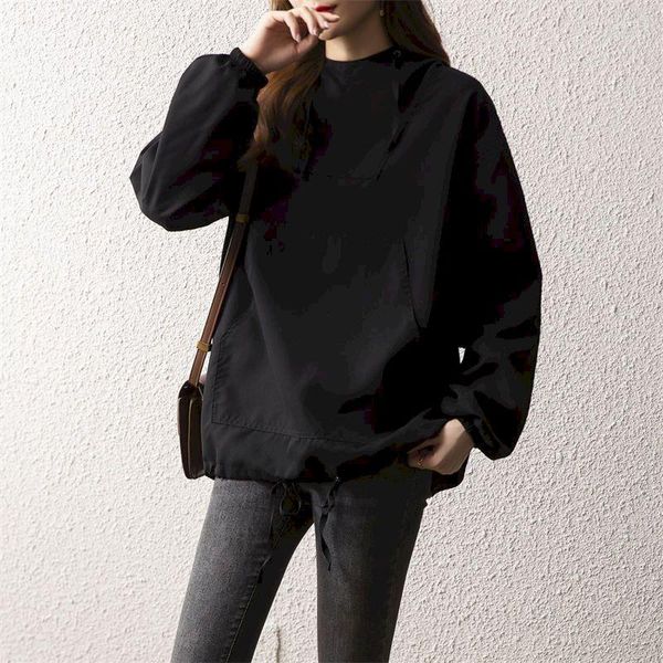 Sudaderas con capucha para mujer, jerséis con capucha informales holgados de longitud media, cortavientos negro para mujer, tendencia de primavera y otoño, Top para parejas, Sudadera con capucha Y2k, abrigos para mujer