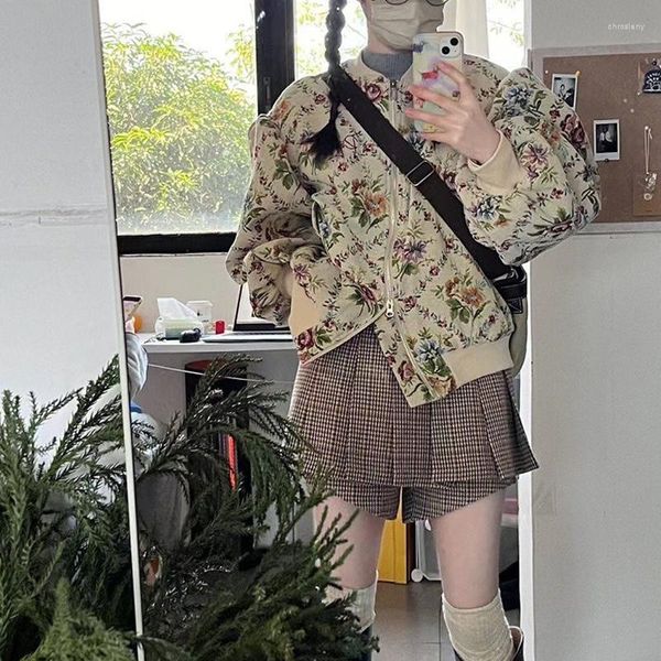 Sweats à capuche pour femmes en vrac épais fermeture éclair pull sans capuche Y2K motif de fleurs doux et beau rue hip-hop Harajuku mode rétro manteau