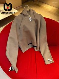 LUXEENVY – sweat à capuche pour femmes, fermeture éclair, col haut, manches longues, couleur unie, manteau polyvalent avec cordon de serrage, automne 2023