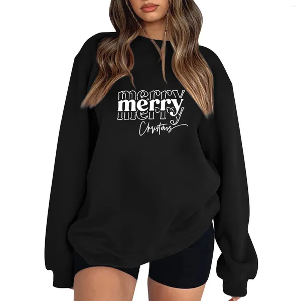 Sweats à capuche pour femmes M longue coupe ample joyeux noël lettre imprimer épaules nues manches pull dames sweats sans capuche