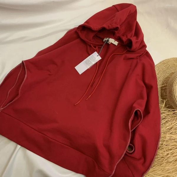 Sweat à capuche rouge pour femmes, Version avec cordon de serrage, col en v ample, très avancé et Durable, grand corps fin, MAR2024