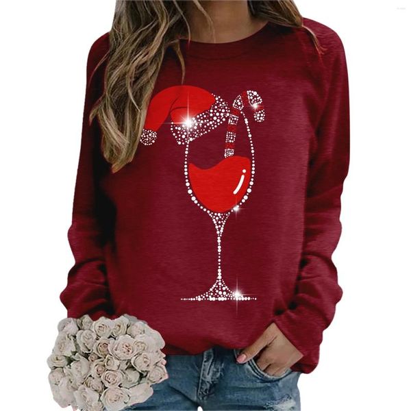 Sweats à capuche pour femmes Sweat-shirt Joyeux Noël Femmes Verres à vin Imprimer Pulls Crewneck Survêtement décontracté Festival Mode Sweat à capuche Sudadera