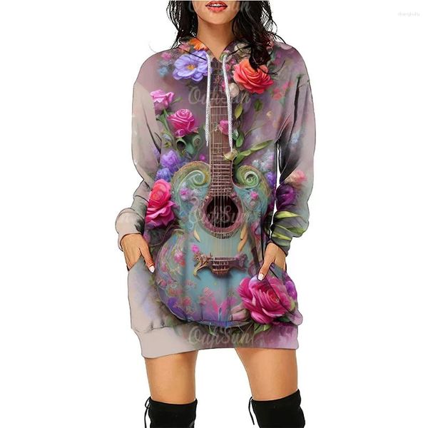 Robe à capuche musicale pour femmes, pull décontracté à manches longues, vêtements d'automne, jupes pour dames, impression de guitare musicale amusante en 3D