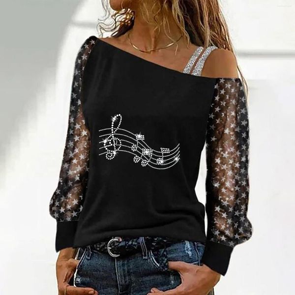 Sudaderas con capucha para mujer con estampado de notas musicales encaje Sexy sin tirantes para mujer ahueca hacia fuera el jersey de manga larga con hombros descubiertos camisa suelta informal