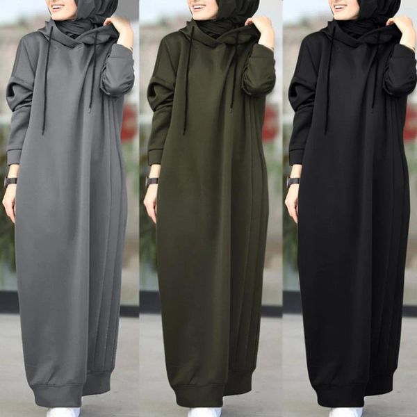 Sweat à capuche pour femmes Robe musulmane femmes sweat élégant à manches longues Maxi femme décontracté solide à capuche robes Robe S-3XL