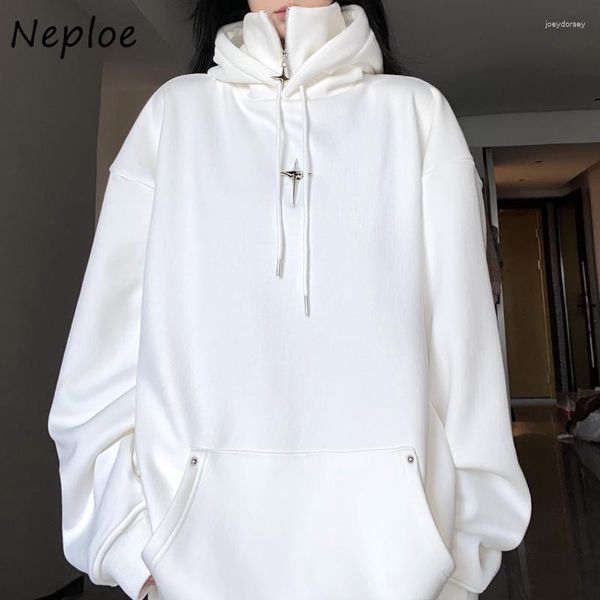 Sudaderas con capucha para mujer Neploe Metal Star Logo Design Sense Collar de pie Abrigo de peluche 2023 Principios de otoño Mujeres Temperamento High Street Grueso con capucha