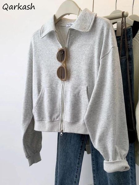 Sudaderas con capucha para mujer Sin sombrero Gris Mujeres Cuello vuelto Primavera Sudadera recortada Estudiantes casuales Harajuku Zip Up Coat Adolescentes con estilo coreano