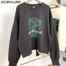 Sudaderas con capucha para mujer Nomikuma Sudaderas Mujer 2023 Otoño Invierno Fleece Jersey corto Jumper Dibujos animados coreanos Pintura al óleo Graffiti Top