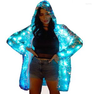 Sudaderas con capucha para mujer OHLEES Mujeres Niñas Lentejuelas LED Super Flash Chaqueta Light UP Rave Abrigo exterior creativo Traje de escenario Fiesta de Navidad Disfraces