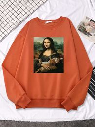 Sweat à capuche pour femmes peinture à l'huile Mona Lisa et chat sweats à manches polaires vêtements automne pull Wowfemale lâche mode à capuche