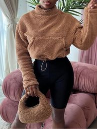 Sweats à capuche pour femmes OMSJ cordon solide sweat-shirt 2023 Harajuku femmes style de rue décontracté col rond manches longues poches lâches plis fourrure recadrée