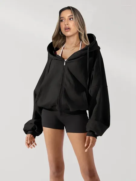 OneLineFox – sweat à capuche court avec poche pour femme, veste d'automne pour adolescente, sweat-shirt surdimensionné, décontracté, cordon de serrage, fermeture éclair, Y2K