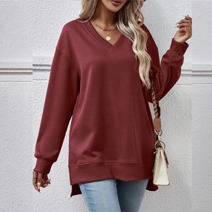 Sweat à capuche surdimensionné pour femmes, pull décontracté à col rond, manches longues, couleur unie, fendu en V, flanelle, fermeture éclair, mode