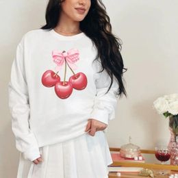 Sweat à capuche pour femmes, sweat-shirt esthétique avec nœud rose et cerises, couleurs confortables, pull Adorable fille Era Coquette, haut avec ruban