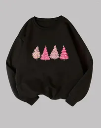 Sweats à capuche pour femmes Rose Arbres de Noël Sweat-shirt en peluche Fête Pulls brossés Drôle Tissu de Noël Femmes Mode Casual Vintage Top