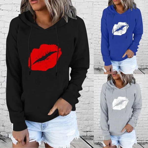 Sudaderas con capucha para mujer, tallas grandes, sudaderas de manga larga con estampado de labios, sudadera con cordón, blusa superior con bolsillo