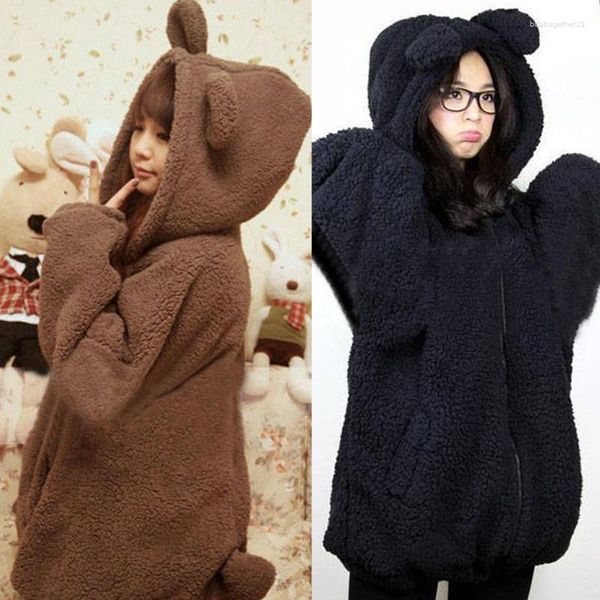 Sweat à capuche en peluche pour femmes, pull avec oreilles et queue, coréen, chaud, fermeture éclair, couleur unie, polaire moelleuse, ours surdimensionné mignon, 2023