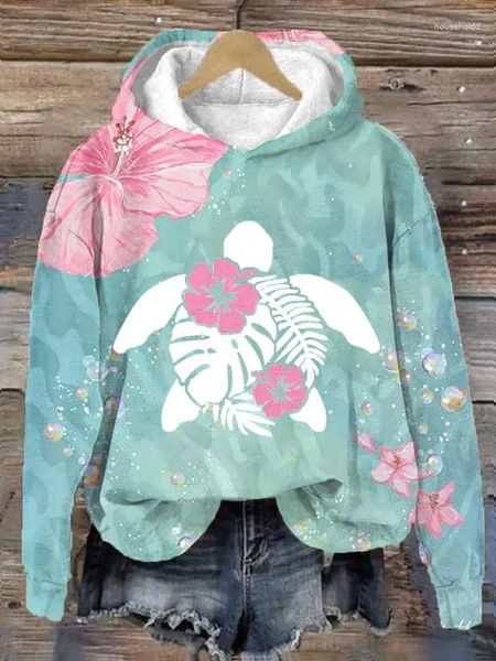 Sudaderas con capucha para mujer, jersey con estampado de tortuga Maui en hibisco, sudadera holgada de calle, Top de manga larga para primavera, otoño e invierno
