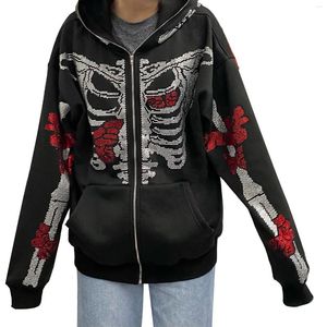 Sweats à capuche pour femmes Puloru Goth Noir Strass Crâne Papillon Squelette Imprimer Manches Longues Vêtements d'extérieur Femmes Grunge Punk Harajuku Vestes