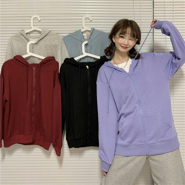 Sudaderas con capucha para mujer, Color puro, rojo, morado, con cremallera, moda informal para mujer, sudadera con capucha para mujer, ropa de calle fina de otoño para niñas M-XL DD981