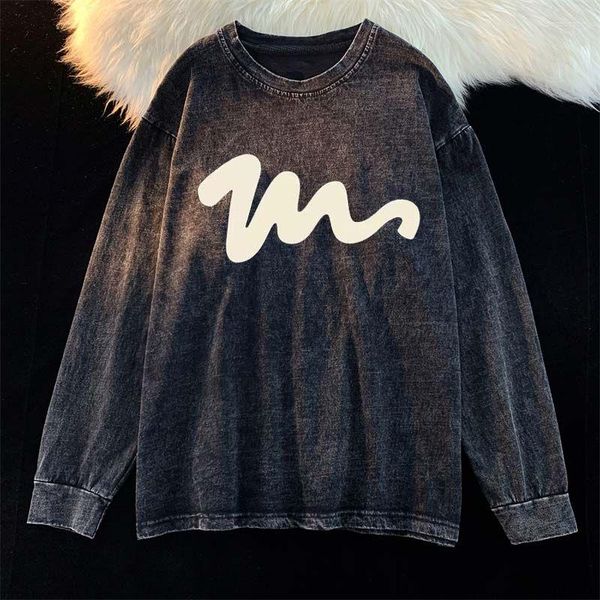 Sudaderas con capucha para mujer, suéter de cuello redondo vintage de hip-hop de algodón puro para mujer con mangas largas, Top holgado a la moda para primavera y otoño